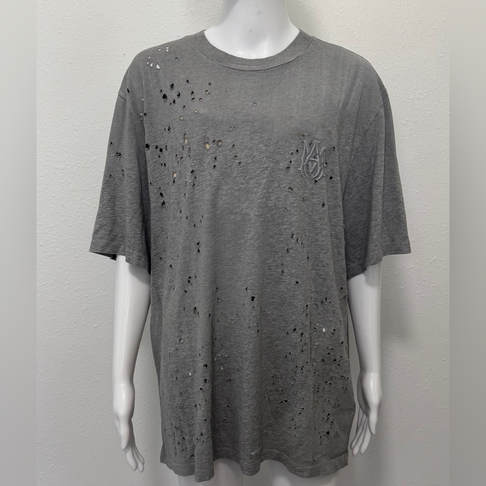 Amiri Shotgun Embroidered Distressed Tee in Grey - NWT - Size L